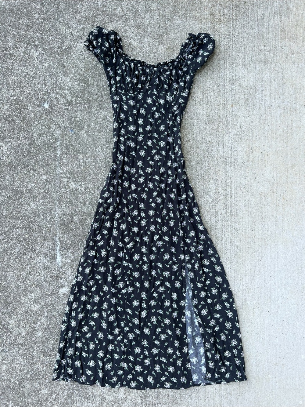H&M Black Floral Maxi Dress Square Neck Side Slit Summer Spring Church Size XS